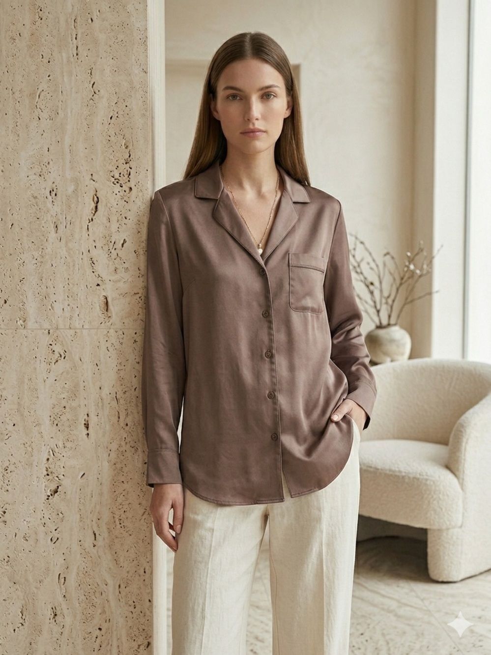 SKIMS Woven Shine Long Sleeve Sleep Shirt - Sienna - Size M - NWT - Picture 4 of 8